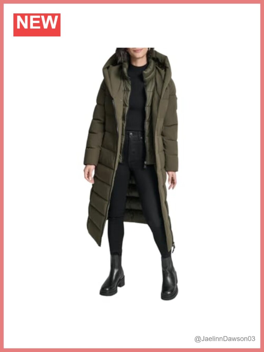 DKNY Maxi Puffer Coat Built-In Bib Asymmetrical Zip Hooded Winter Quilted Jacket